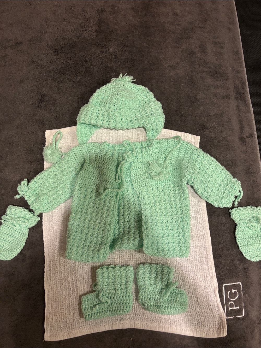Handmade Mint Green Crochet Baby Hat and Accessories Set